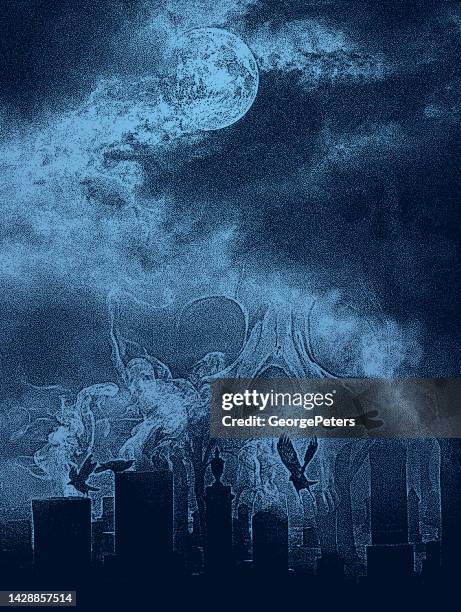 spooky cemetery at night with skull and ravens - gravestone stock illustrations