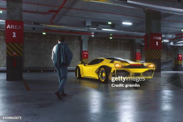 businessman walking towards sports car - sportwagen stockfoto's en -beelden