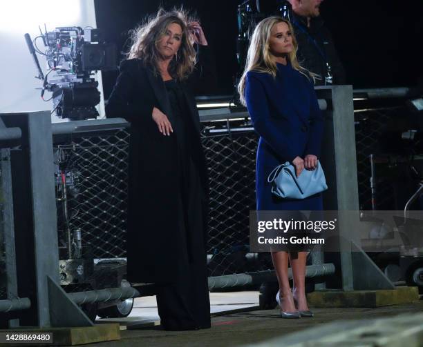 Jennifer Aniston and Reese Witherspoon are seen on location for "The Morning Show" on September 29, 2022 in New York City.