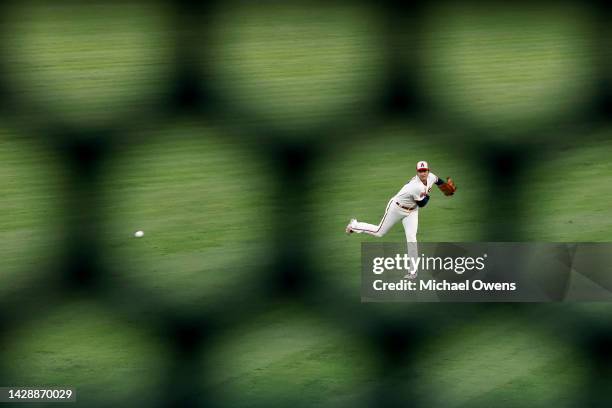 Shohei Ohtani of the Los Angeles Angels warms up in the outfield prior to a game against the Oakland Athletics at Angel Stadium of Anaheim on...