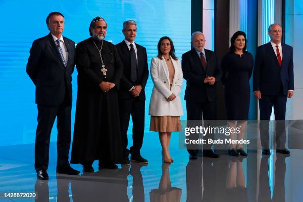 President of Brazil and presidential candidate Jair Bolsonaro, Candidate Padre Kelmon of PTB party, Candidate Felipe D'Avila of Novo, Candidate...