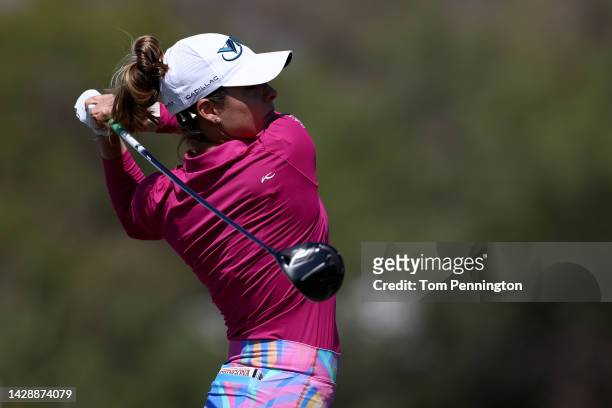 Gabby Lopez of Mexico plays a shot off the 10th tee during the first round of The Ascendant LPGA benefiting Volunteers of America at Old American...
