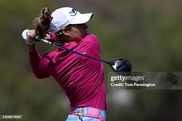 Gabby Lopez of Mexico plays a shot off the 10th tee during the first round of The Ascendant LPGA benefiting Volunteers of America at Old American...