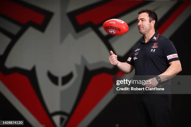 Newly appointed Essendon Bombers AFL coach Brad Scott poses for the media during a press conference at The Hangar on September 30, 2022 in Melbourne,...