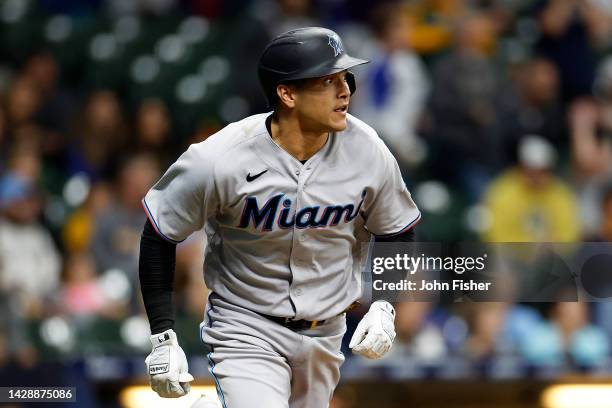 Avisail Garcia of the Miami Marlins hits a three run homer in the eighth inning against the Milwaukee Brewers at American Family Field on September...