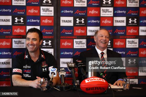 Newly appointed Essendon Bombers AFL coach Brad Scott and club President David Barham are seen during a press conference at The Hangar on September...