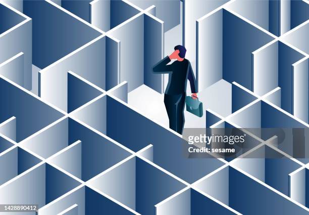 isometric businessman stuck in a dead end or maze, frustration and dilemma - treasure hunt stock illustrations