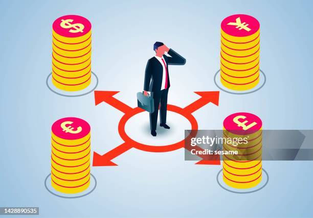 forex investment or foreign exchange trading, exchange rate or national exchange rate management and investment, isometric businessman standing choosing between dollar, yen, euro, pound - asking money stock illustrations