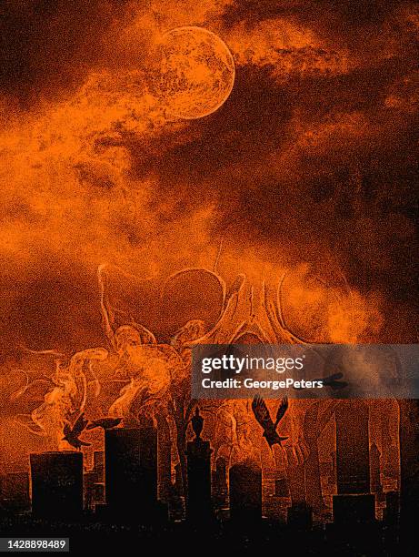 spooky cemetery at night with skull and ravens - cemetery background stock illustrations