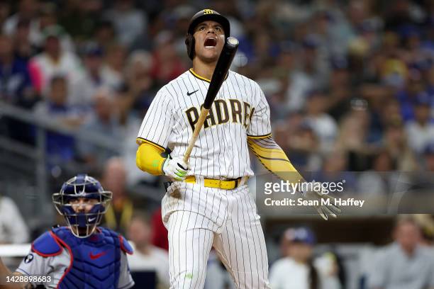 Juan Soto of the San Diego Padres reacts to a strike during the seventh inning of a game against the Los Angeles Dodgers at PETCO Park on September...