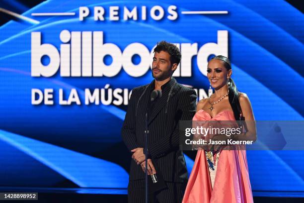 Rodrigo Guirao and Ivonne Montero speak onstage during the 2022 Billboard Latin Music Awards at Watsco Center on September 29, 2022 in Coral Gables,...