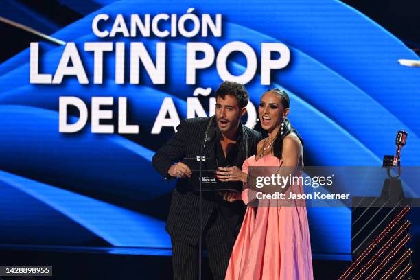 Rodrigo Guirao and Ivonne Montero speak onstage during the 2022 Billboard Latin Music Awards at Watsco Center on September 29, 2022 in Coral Gables,...