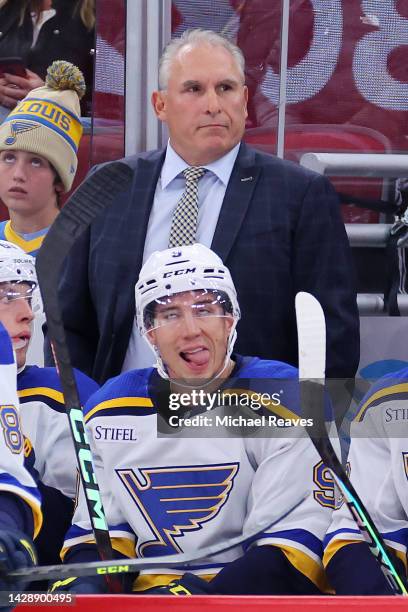 Head coach Craig Berube of the St. Louis Blues looks on during the first period of a preseason game against the Chicago Blackhawks at United Center...