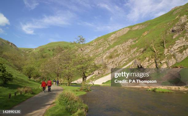 walkers, river dove, dovedale, peak district national park, derbyshire, england - river dove stock pictures, royalty-free photos & images