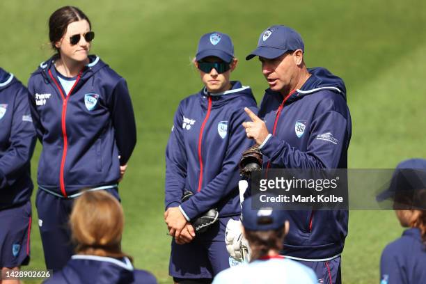Breakers coach Gavan Twining speaks to his players before the WNCL match between New South Wales and Western Australia at North Sydney Oval, on...
