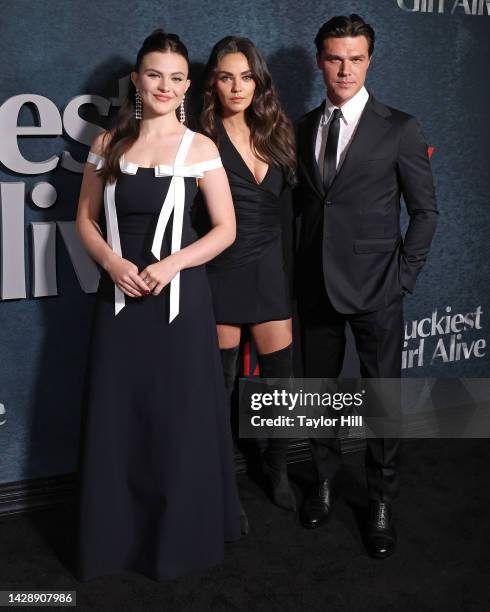 Chiara Aurelia, Mila Kunis, and Finn Wittrock attend the premiere of Netflix's "Luckiest Girl Alive" at Paris Theater on September 29, 2022 in New...