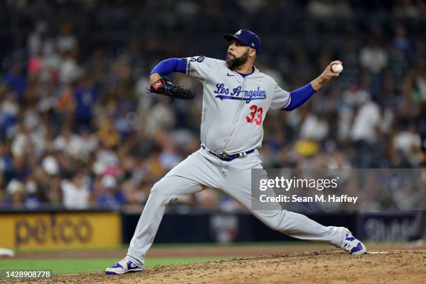 David Price of the Los Angeles Dodgers pitches during the ninth inning of a game against the San Diego Padres at PETCO Park on September 29, 2022 in...