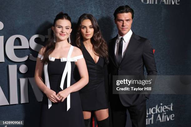 Chiara Aurelia, Mila Kunis, and Finn Wittrock attend the premiere of Netflix's "Luckiest Girl Alive" at Paris Theater on September 29, 2022 in New...