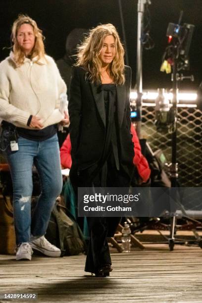 Jennifer Aniston is seen filming "The Morning Show" at Jane's Carousel on September 29, 2022 in New York City.