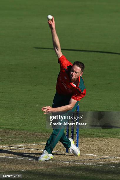 Tom Rogers of Tasmania bowls during the Marsh One Day Cup match between Queensland and Tasmania at Allan Border Field, on September 30 in Brisbane,...