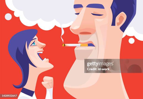 angry woman blaming smoking man - inhalation stock illustrations