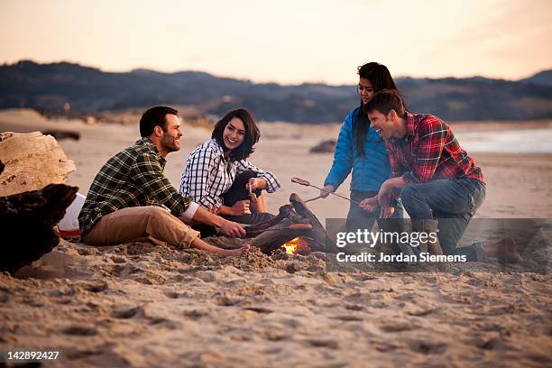 group of friends around a camp fire. - fuego al aire libre fotografías e imágenes de stock