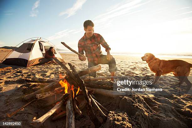 a couple and their dog camping. - japanese couple beach stock pictures, royalty-free photos & images