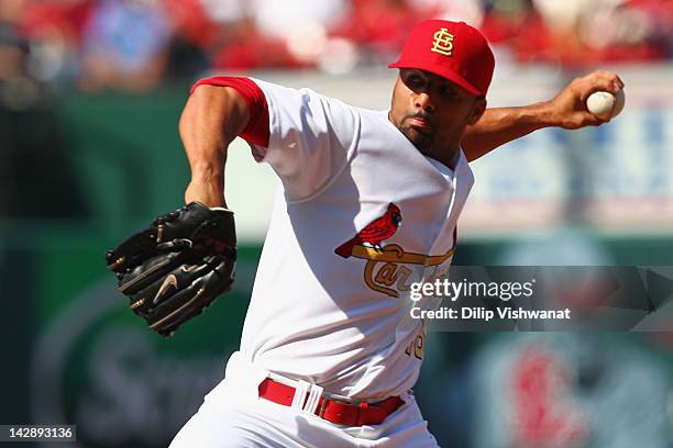 Reliever J.C. Romero of the St. Louis Cardinals pitches against the Chicago Cubs at Busch Stadium on April 14, 2012 in St. Louis, Missouri.