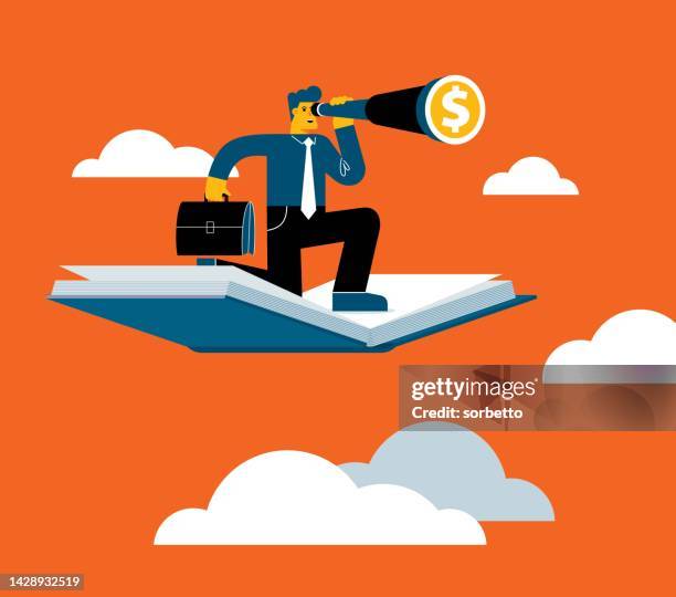 businessman using telescope on flying book - visual learning stock illustrations