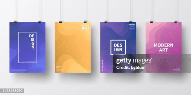 posters with colorful geometric and fluid designs, isolated on white background - binder clip vector stock illustrations