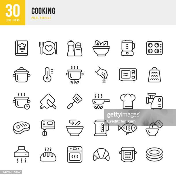 kochen - dünne linie vektor symbol set. 30 symbole. pixel perfekt. das set enthält ein kochbuch, einen kochmütze, eine kochpfanne, einen topf, einen backofen, einen multikocher, brot, eine mikrowelle, fisch, fleisch, ein schneidebrett mit messer, einen - küche stock-grafiken, -clipart, -cartoons und -symbole