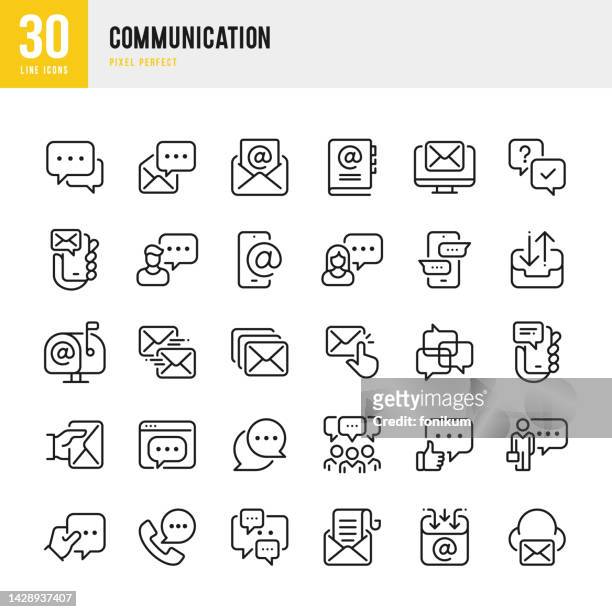communication - thin line vector icon set. 30 icons. pixel perfect. the set includes a message, speech bubble, envelope, e-mail, letter, mail, mailbox, correspondence, community, telephone, deliver a letter. - contact us vector stock illustrations