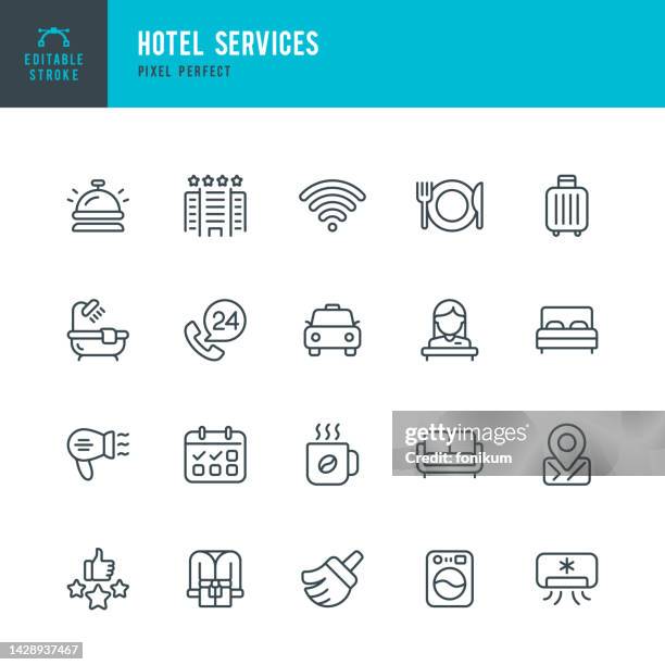 illustrations, cliparts, dessins animés et icônes de services hôteliers - ensemble vectoriel d’icônes linéaires. pixel parfait. contour modifiable. l’ensemble comprend un hôtel, un lit, une réception de l’hôtel, une cloche de service, un restaurant, une baignoire, un peignoir, un sèche-cheveux,  - propre