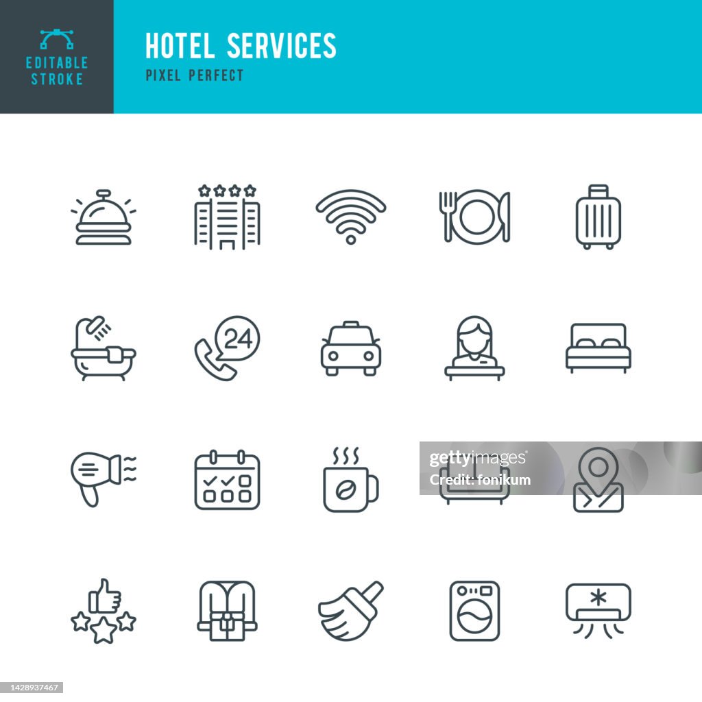 Hotel Services - vector set of linear icons. Pixel perfect. Editable stroke. The set includes a Hotel, Bed, Hotel Reception, Service Bell, Restaurant, Bathtub, Bathrobe, Hair Dryer, Cleaning, Air Conditioner, Taxi.