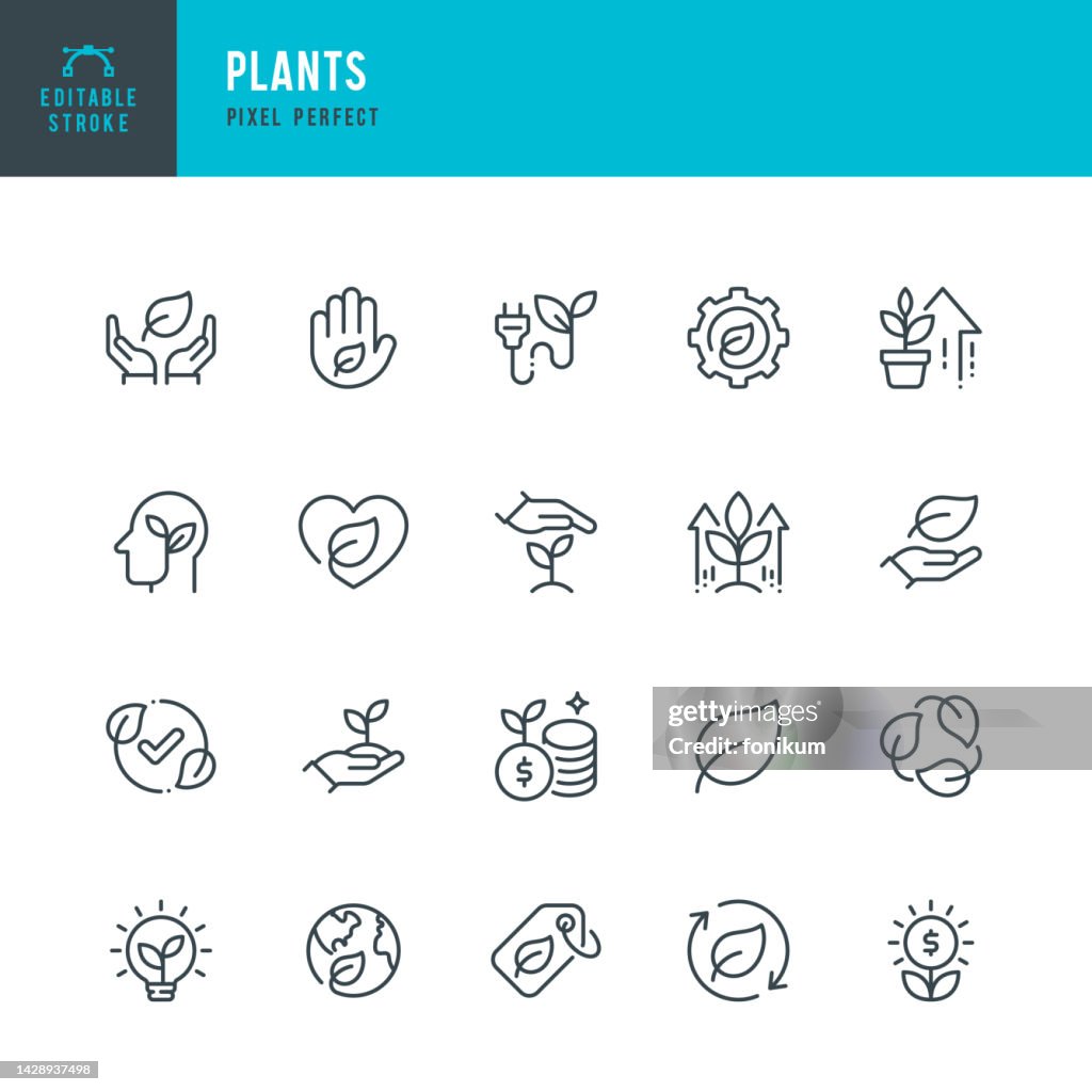 Plantas - conjunto vectorial de iconos lineales. Píxel perfecto. Trazo editable. El conjunto incluye una planta, hoja, energía verde, cuidado, ecosistema, planeta tierra, símbolo de reciclaje, plántula, high-five, crecimiento de ganancias.