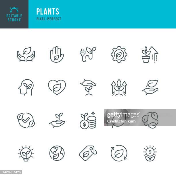 ilustraciones, imágenes clip art, dibujos animados e iconos de stock de plantas - conjunto vectorial de iconos lineales. píxel perfecto. trazo editable. el conjunto incluye una planta, hoja, energía verde, cuidado, ecosistema, planeta tierra, símbolo de reciclaje, plántula, high-five, crecimiento de ganancias. - ecologico