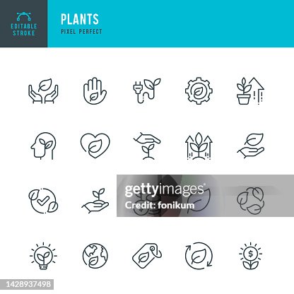 Plants - vector set of linear icons. Pixel perfect. Editable stroke. The set includes a Plant, Leaf, Green Energy, Care, Ecosystem, Planet Earth, Recycling Symbol, Seedling, High-Five, Profit Growth. Plants - vector set of linear icons. Pixel perfect. Editable stroke. The set includes a Plant, Leaf, Green Energy, Care, Ecosystem, Planet Earth, Recycling Symbol, Seedling, High-Five, Profit Growth.