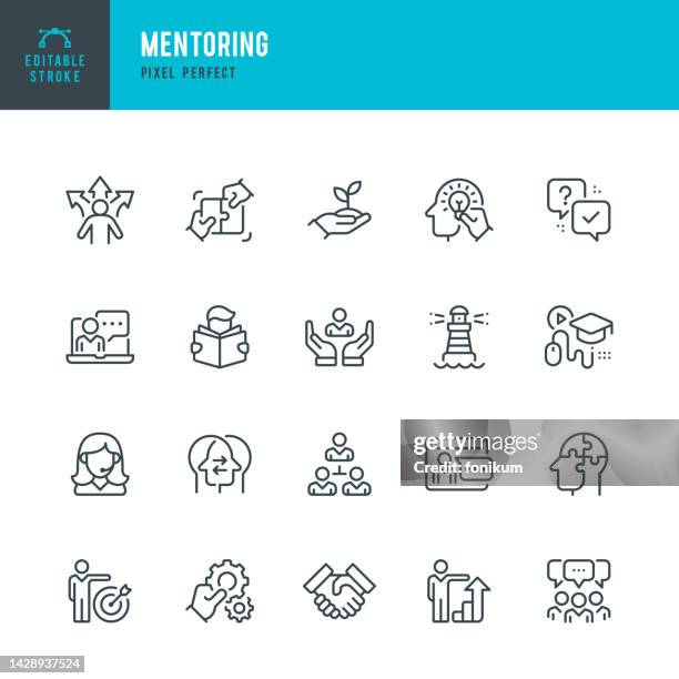 mentoring - vektorsatz linearer symbole. pixel perfekt. bearbeitbarer strich. das set umfasst ein vorbild, unsicherheit, coach, manager, student, e-learning, support, online-bildung, teamwork, partnerschaft. - tippspiel stock-grafiken, -clipart, -cartoons und -symbole