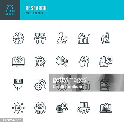 Research - vector set of linear icons. Pixel perfect. Editable stroke. The set includes a Data Analysis, Research, Artificial Intelligence, Scientific Experiment, Medical Exam, Medical Test, Microscope, Brainstorming, Market Research, Business Plan, Teamw Research - vector set of linear icons. Pixel perfect. Editable stroke. The set includes a Data Analysis, Research, Artificial Intelligence, Scientific Experiment, Medical Exam, Medical Test, Microscope, Brainstorming, Market Research, Business Plan, Teamw