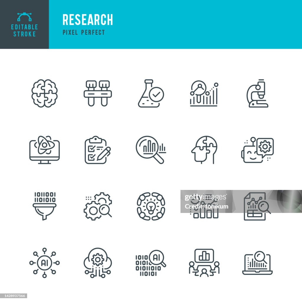 Research - vector set of linear icons. Pixel perfect. Editable stroke. The set includes a Data Analysis, Research, Artificial Intelligence, Scientific Experiment, Medical Exam, Medical Test, Microscope, Brainstorming, Market Research, Business Plan, Teamw