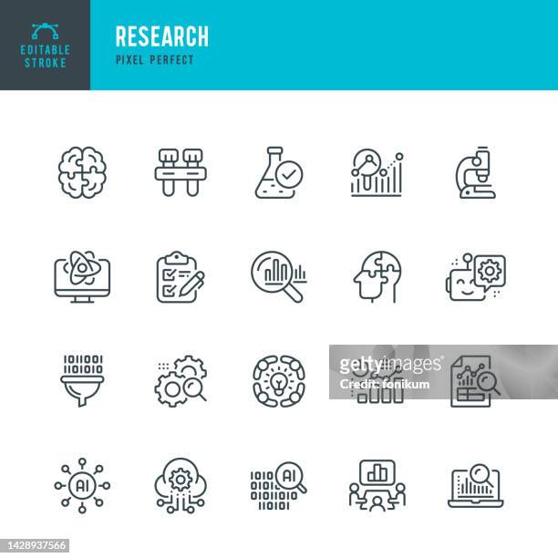 research - vector set of linear icons. pixel perfect. editable stroke. the set includes a data analysis, research, artificial intelligence, scientific experiment, medical exam, medical test, microscope, brainstorming, market research, business plan, teamw - technology stock illustrations
