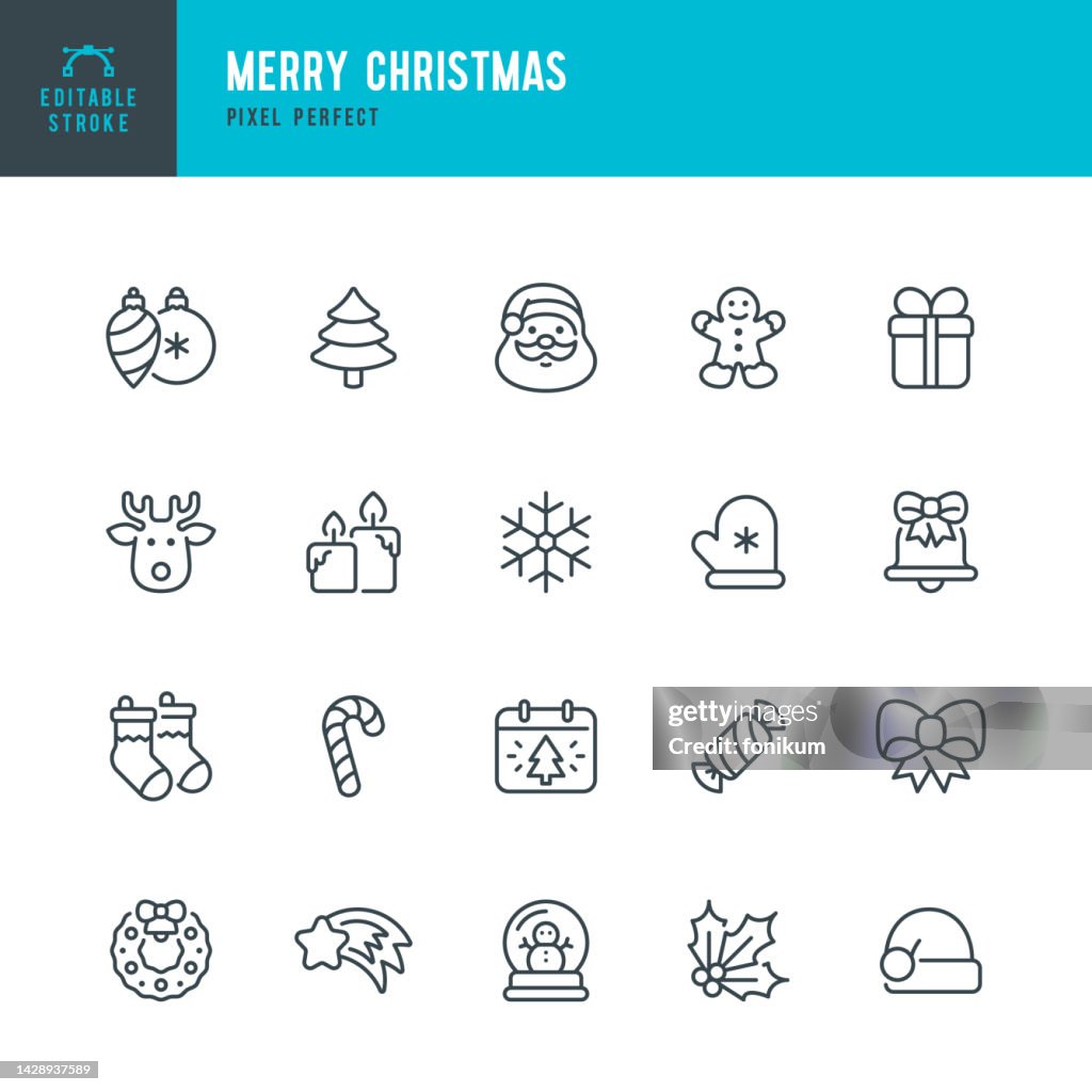 Joyeux Noël - ensemble vectoriel d’icônes linéaires. Pixel parfait. Contour modifiable. L’ensemble comprend un Père Noël, un arbre de Noël, une boîte cadeau, une décoration de Noël, une canne à bonbons, un biscuit au pain d’épice, une form