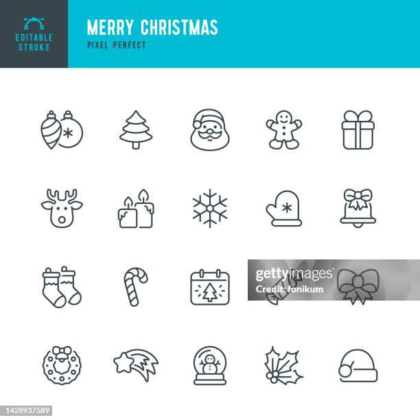 illustrazioni stock, clip art, cartoni animati e icone di tendenza di buon natale - set vettoriale di icone lineari. pixel perfetto. tratto modificabile. il set include un babbo natale, albero di natale, scatola regalo, decorazione natalizia, canna da zucchero, biscotto di pan di zenzero, forma di fiocco di neve, globo di ne - vestito a stelle