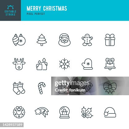 Merry Christmas - vector set of linear icons. Pixel perfect. Editable stroke. The set includes a Santa Claus, Christmas Tree, Gift Box, Christmas Decoration, Candy Cane, Gingerbread Cookie, Snowflake Shape, Snow Globe, Reindeer, Wreath, Santa Hat. Merry Christmas - vector set of linear icons. Pixel perfect. Editable stroke. The set includes a Santa Claus, Christmas Tree, Gift Box, Christmas Decoration, Candy Cane, Gingerbread Cookie, Snowflake Shape, Snow Globe, Reindeer, Wreath, Santa Hat.