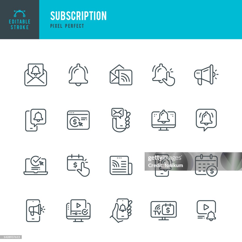 Subscription - vector set of linear icons. Pixel perfect. Editable stroke. The set includes a Subscription, Newsletter, Newspaper, Reminder, Notification Icon, Letter, Megaphone, Bell, Mail, Message, Web Page.