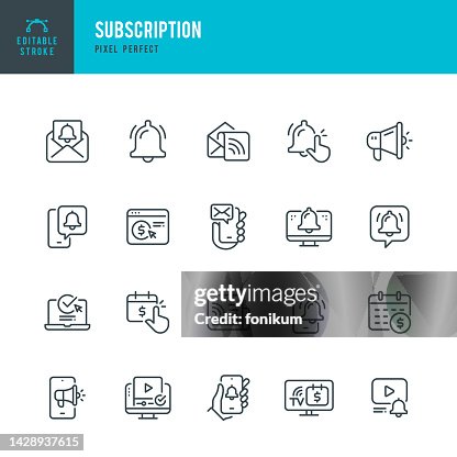 Subscription - vector set of linear icons. Pixel perfect. Editable stroke. The set includes a Subscription, Newsletter, Newspaper, Reminder, Notification Icon, Letter, Megaphone, Bell, Mail, Message, Web Page. Subscription - vector set of linear icons. Pixel perfect. Editable stroke. The set includes a Subscription, Newsletter, Newspaper, Reminder, Notification Icon, Letter, Megaphone, Bell, Mail, Message, Web Page.