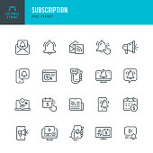Subscription - vector set of linear icons. Pixel perfect. Editable stroke. The set includes a Subscription, Newsletter, Newspaper, Reminder, Notification Icon, Letter, Megaphone, Bell, Mail, Message, Web Page.