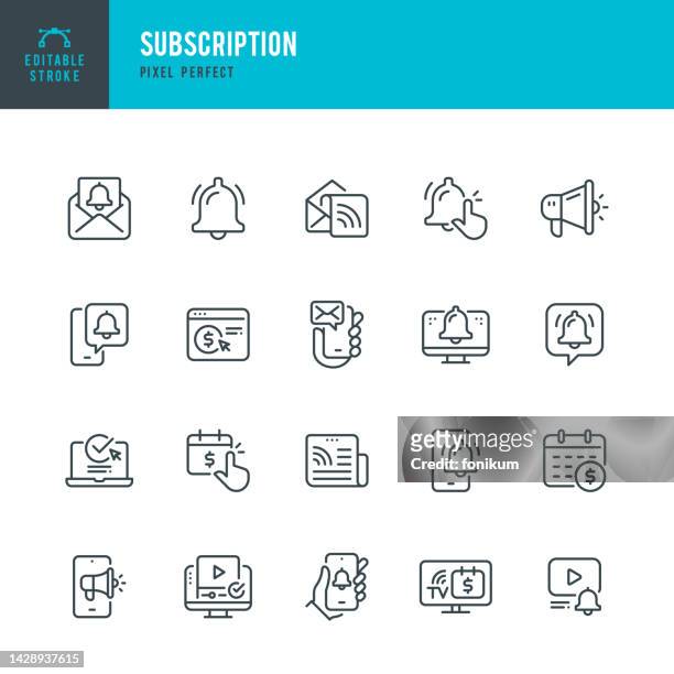 subscription - vector set of linear icons. pixel perfect. editable stroke. the set includes a subscription, newsletter, newspaper, reminder, notification icon, letter, megaphone, bell, mail, message, web page. - broadcasting stock illustrations