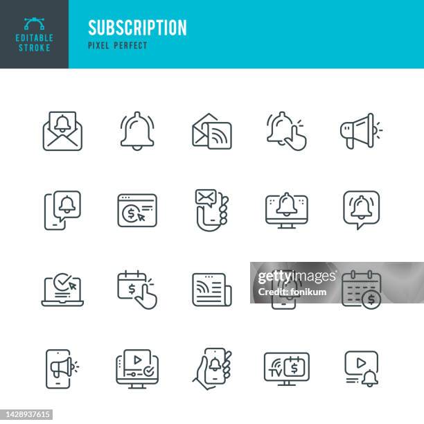 subscription - vector set of linear icons. pixel perfect. editable stroke. the set includes a subscription, newsletter, newspaper, reminder, notification icon, letter, megaphone, bell, mail, message, web page. - bell stock illustrations