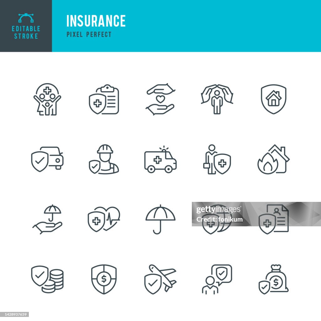 Assicurazione - set vettoriale di icone lineari. Pixel perfetto. Tratto modificabile. Il set include un agente assicurativo, ombrello, assicurazione sulla vita, assicurazione sulla casa, assicurazione auto, assicurazione di viaggio, ambulanza, assicurazion